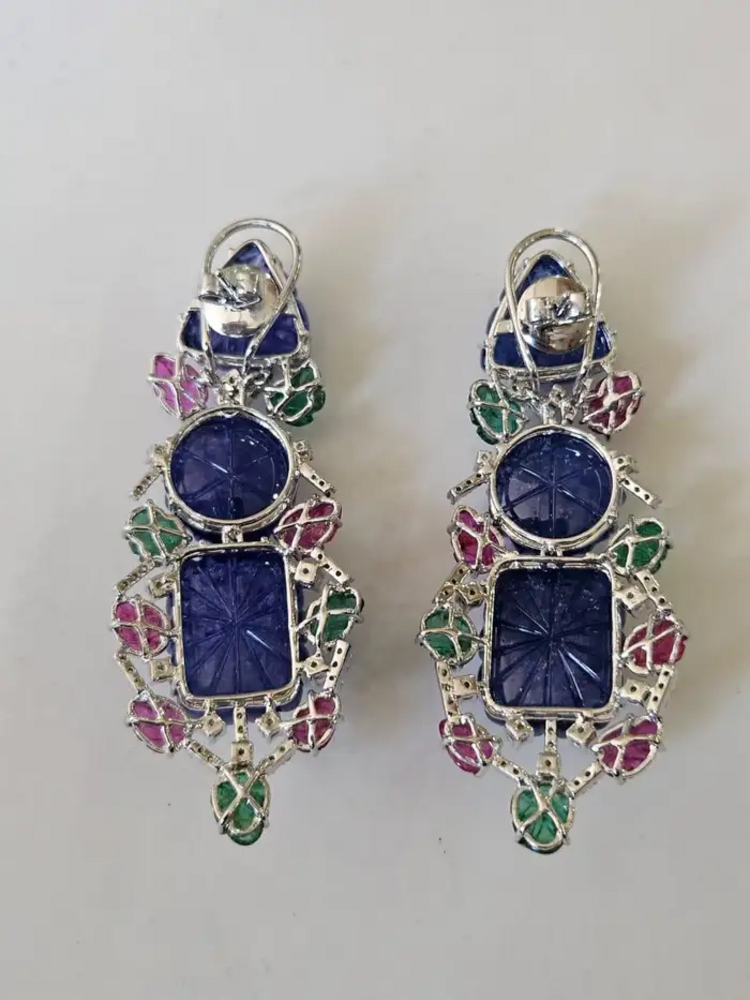 18k White Gold Diamond Dangle Earrings - Carved Tanzanite, Ruby & Emerald Earrings