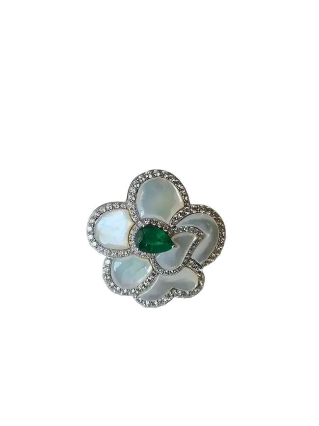 18k White Gold Diamond Cocktail Ring - Natural Mother Of Pearl & Zambian Emerald Ring Hover Image