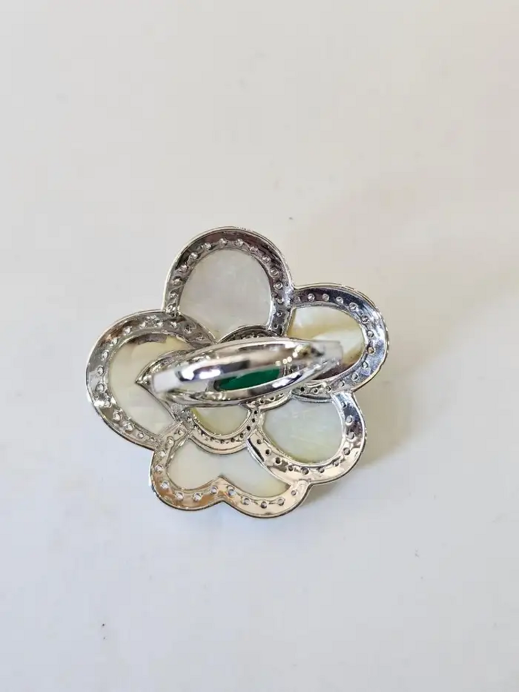18k White Gold Diamond Cocktail Ring - Natural Mother Of Pearl & Zambian Emerald Ring