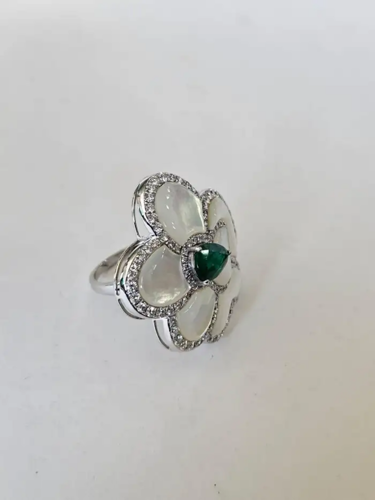 18k White Gold Diamond Cocktail Ring - Natural Mother Of Pearl & Zambian Emerald Ring