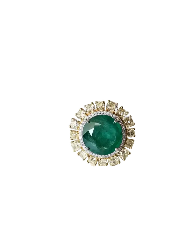 18k White Gold Diamond Cocktail Ring - Natural Zambian Emerald Wedding Ring Hover Image