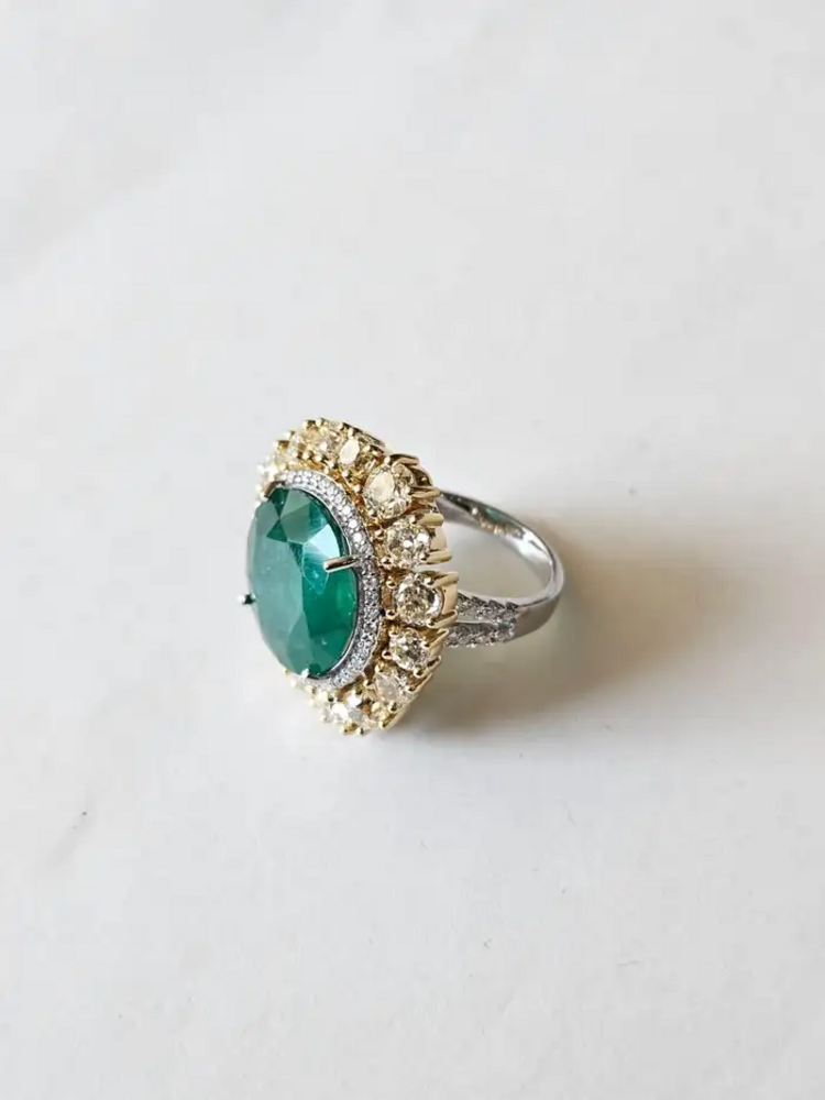 18k White Gold Diamond Cocktail Ring - Natural Zambian Emerald Wedding Ring