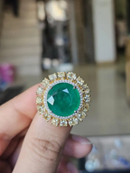 18k White Gold Diamond Cocktail Ring - Natural Zambian Emerald Wedding Ring