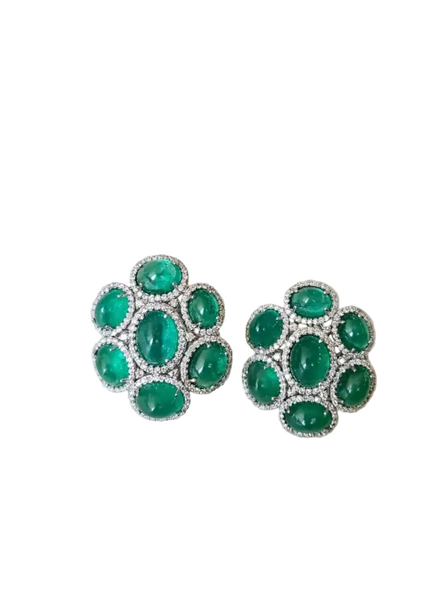 18k White Gold Diamond Stud Earrings - Natural Zambian Emerald Cabochons Earrings Hover Image