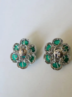 18k White Gold Diamond Stud Earrings - Natural Zambian Emerald Cabochons Earrings