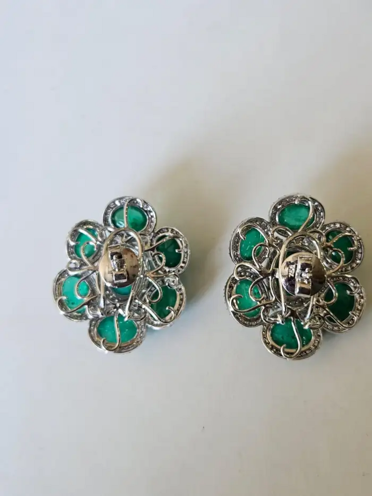 18k White Gold Diamond Stud Earrings - Natural Zambian Emerald Cabochons Earrings