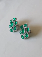 18k White Gold Diamond Stud Earrings - Natural Zambian Emerald Cabochons Earrings