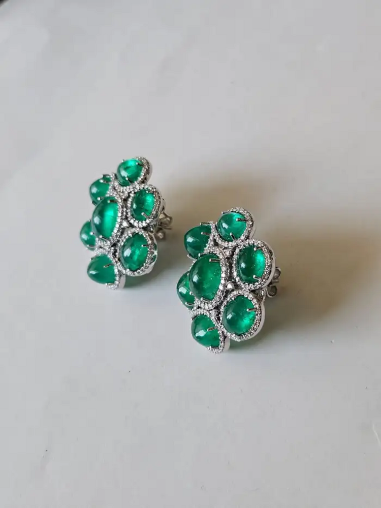 18k White Gold Diamond Stud Earrings - Natural Zambian Emerald Cabochons Earrings
