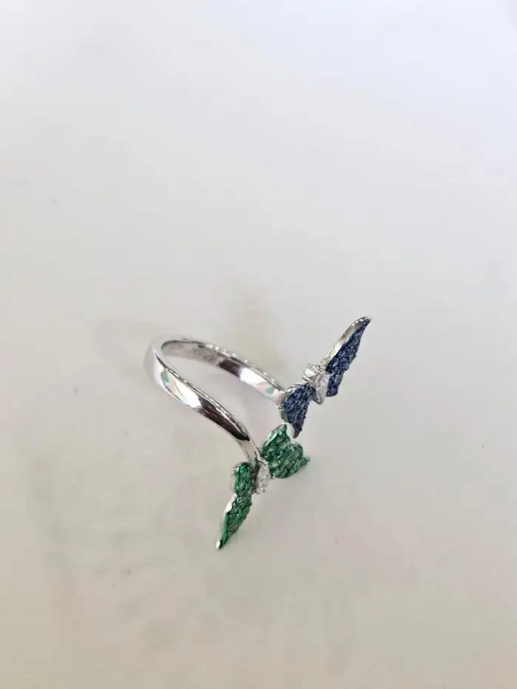 Natural Blue Sapphire & Tsavorites Ring - 18k White Gold Diamond Wrap Ring