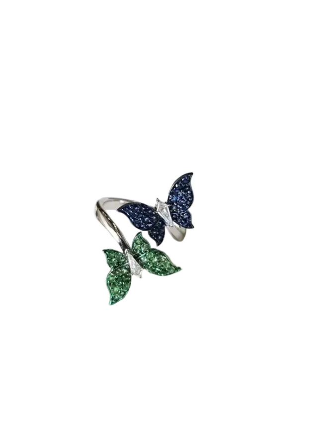 Natural Blue Sapphire & Tsavorites Ring - 18k White Gold Diamond Wrap Ring Hover Image