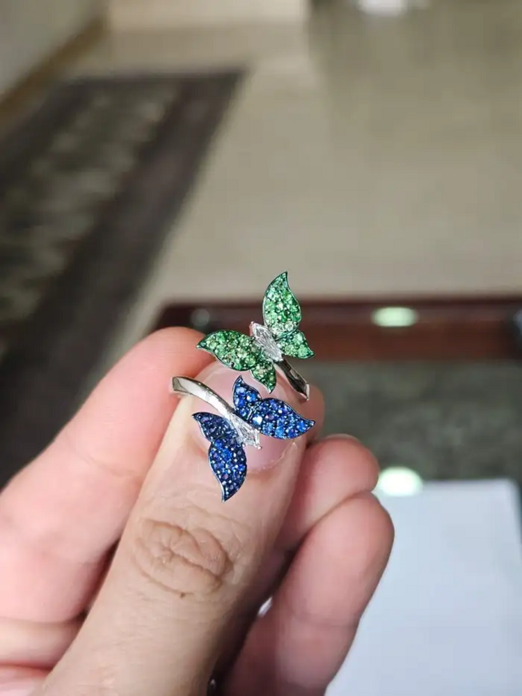 Natural Blue Sapphire & Tsavorites Ring - 18k White Gold Diamond Wrap Ring