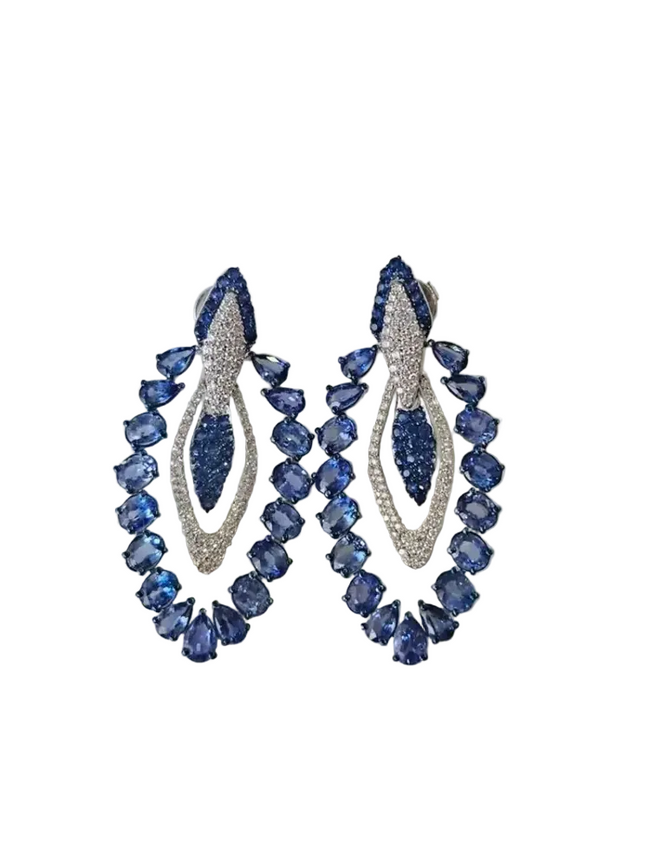 18k White Gold Diamond Earrings - Natural Blue Sapphire Dangle Earrings Hover Image