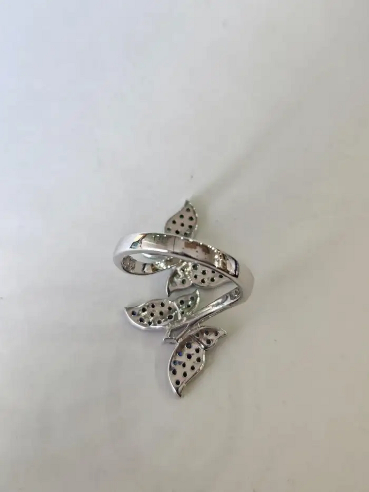 Natural Blue Sapphire & Tsavorites Ring - 18k White Gold Diamond Wrap Ring