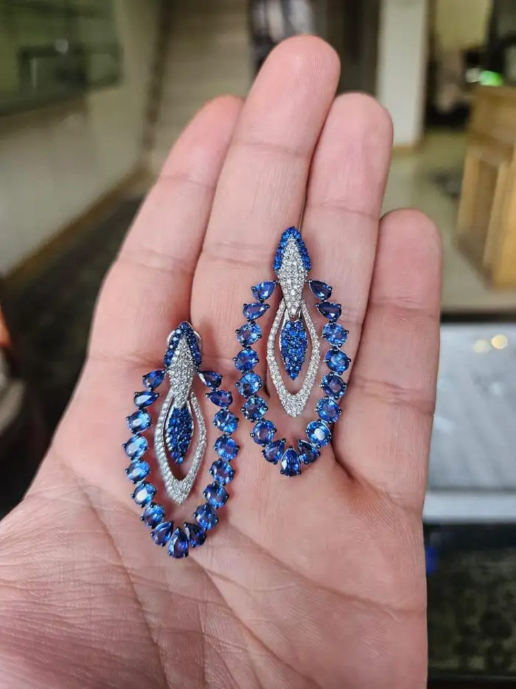 18k White Gold Diamond Earrings - Natural Blue Sapphire Dangle Earrings