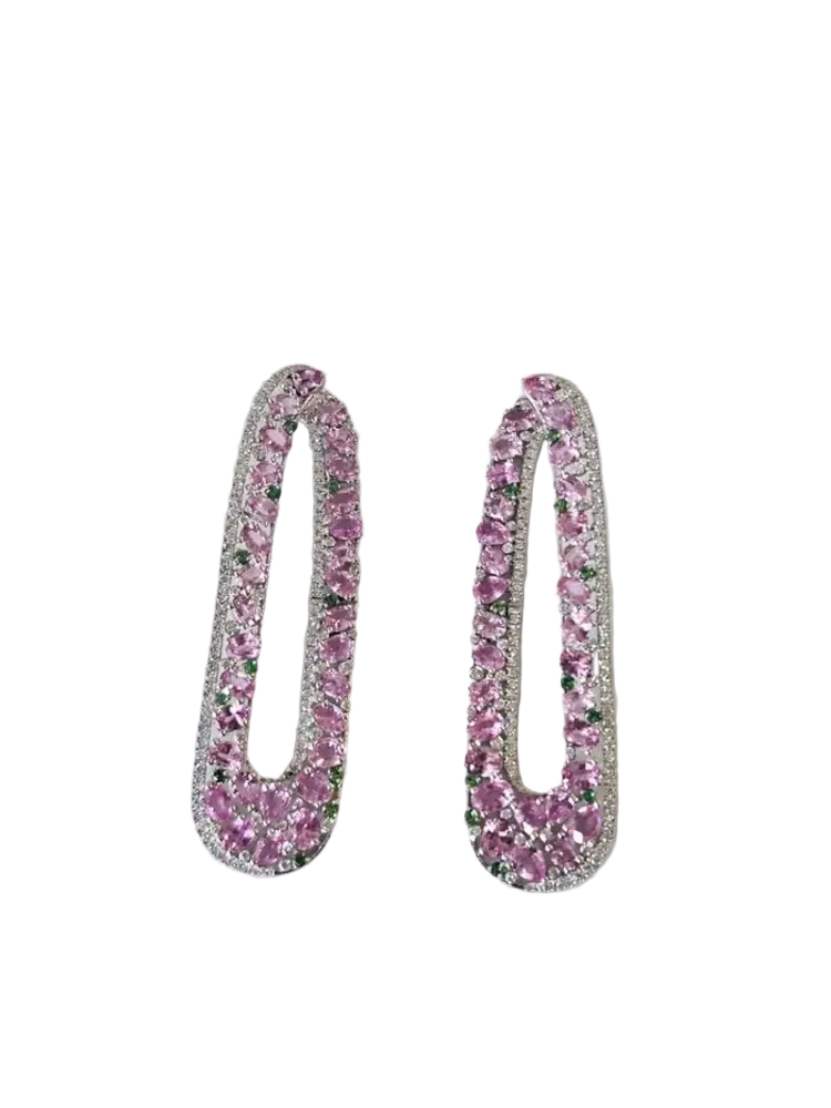 Natural Pink Sapphire & Tsavorite Dangle Earrings - 18k White Gold Handmade Earrings