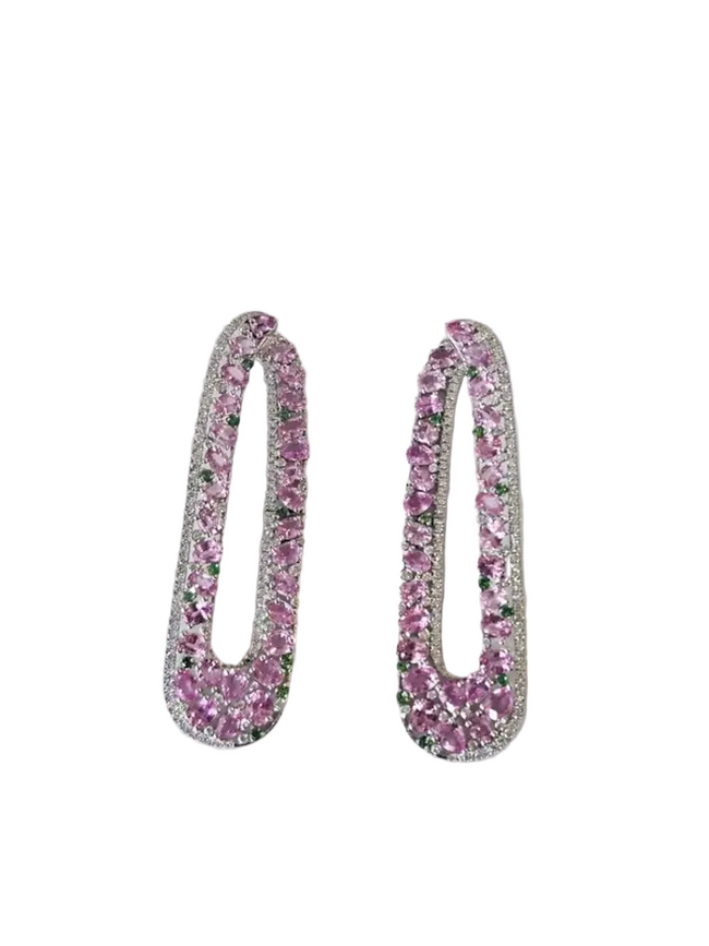 Natural Pink Sapphire & Tsavorite Dangle Earrings - 18k White Gold Handmade Earrings Hover Image