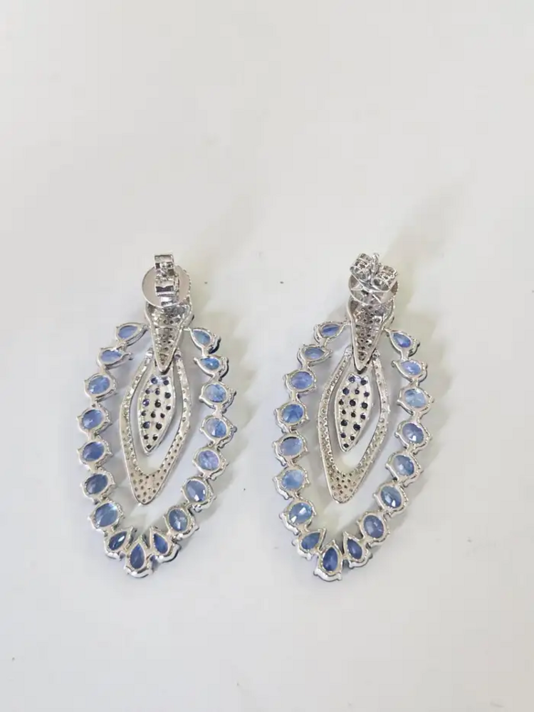 18k White Gold Diamond Earrings - Natural Blue Sapphire Dangle Earrings