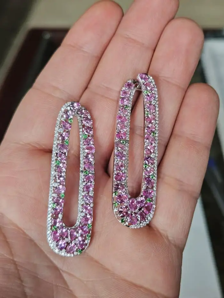 Natural Pink Sapphire & Tsavorite Dangle Earrings - 18k White Gold Handmade Earrings