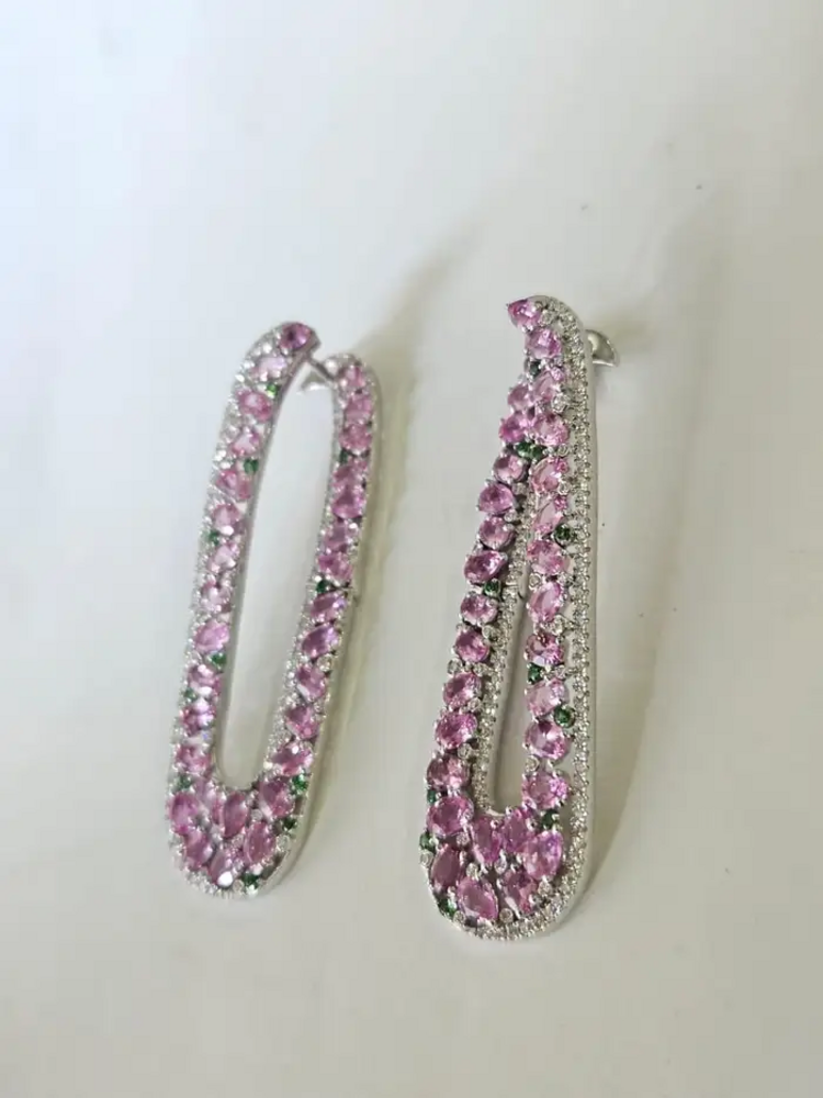 Natural Pink Sapphire & Tsavorite Dangle Earrings - 18k White Gold Handmade Earrings