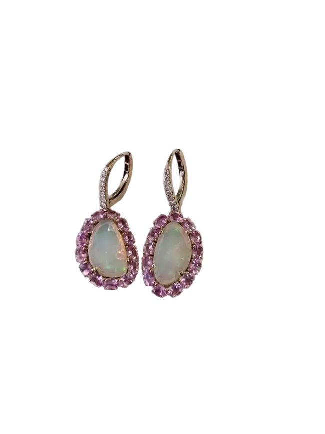 Natural Pink Sapphire & Ethiopian Opal Earrings - 18k Yellow Gold Diamond Earrings Hover Image