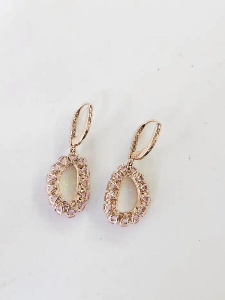 Natural Pink Sapphire & Ethiopian Opal Earrings - 18k Yellow Gold Diamond Earrings