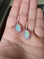 Natural Pink Sapphire & Ethiopian Opal Earrings - 18k Yellow Gold Diamond Earrings