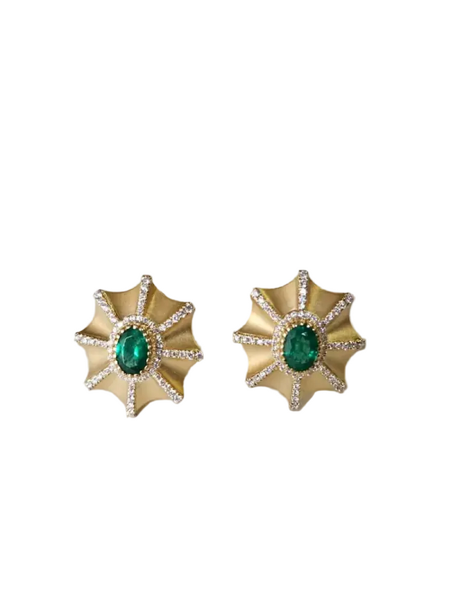 18k Yellow Matte Gold Stud Earrings - Natural Zambian Emerald & Diamond Earrings Hover Image