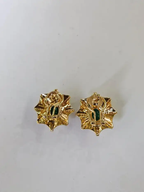 18k Yellow Matte Gold Stud Earrings - Natural Zambian Emerald & Diamond Earrings