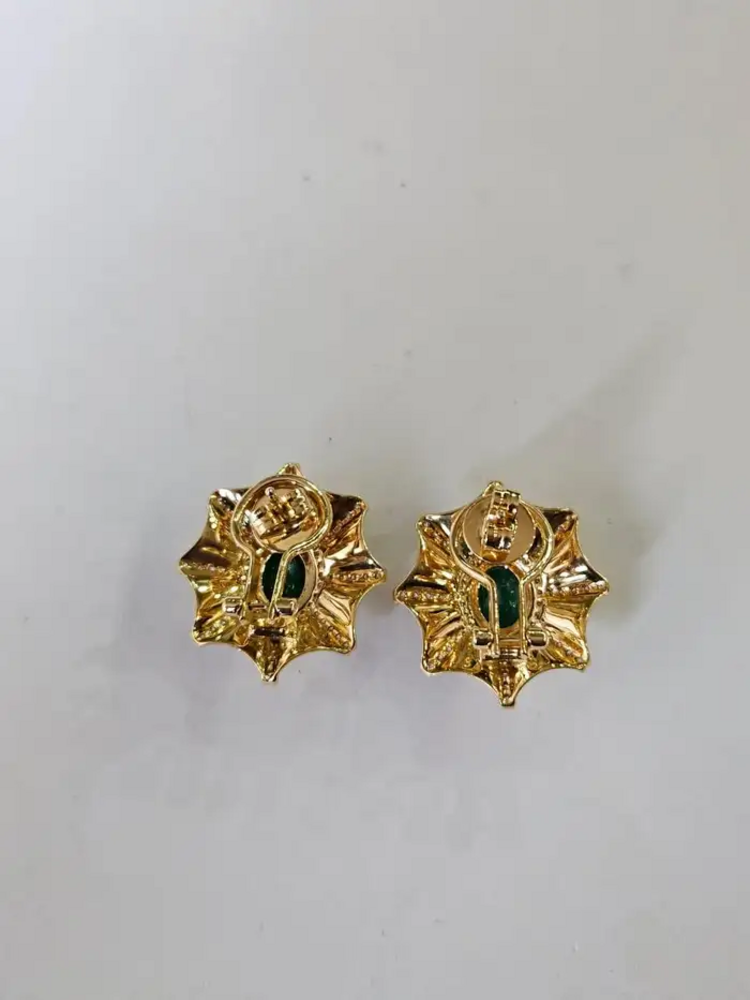 18k Yellow Matte Gold Stud Earrings - Natural Zambian Emerald & Diamond Earrings
