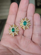18k Yellow Matte Gold Stud Earrings - Natural Zambian Emerald & Diamond Earrings