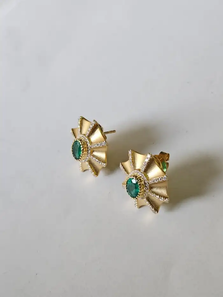 18k Yellow Matte Gold Stud Earrings - Natural Zambian Emerald & Diamond Earrings