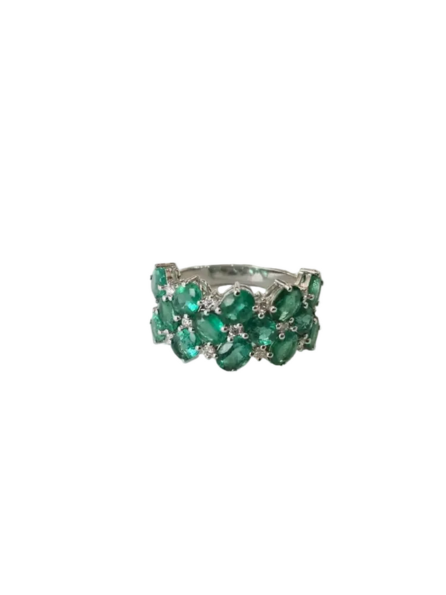 Natural Zambian Emerald & Diamond Band Ring - 18k White Gold Engagement Ring Hover Image