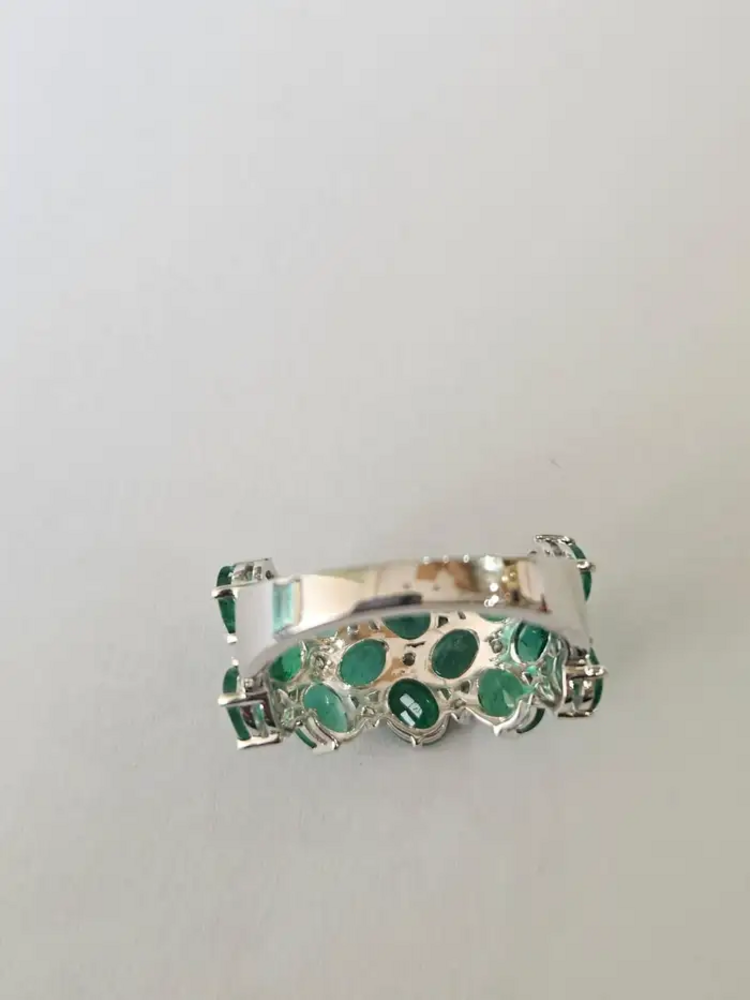 Natural Zambian Emerald & Diamond Band Ring - 18k White Gold Engagement Ring