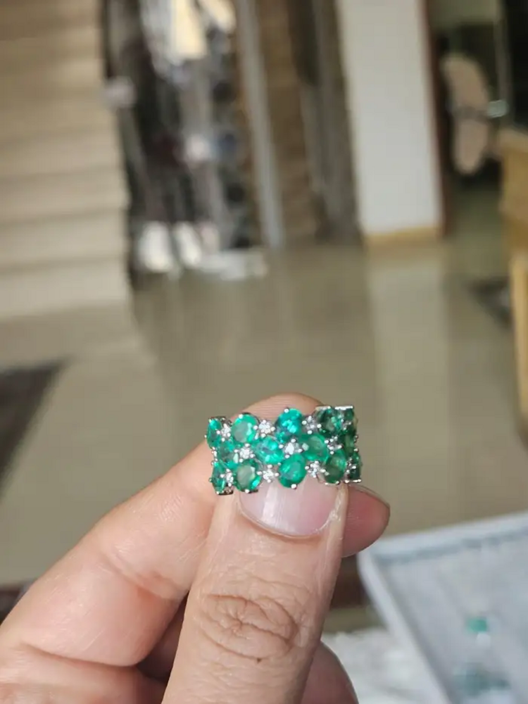 Natural Zambian Emerald & Diamond Band Ring - 18k White Gold Engagement Ring