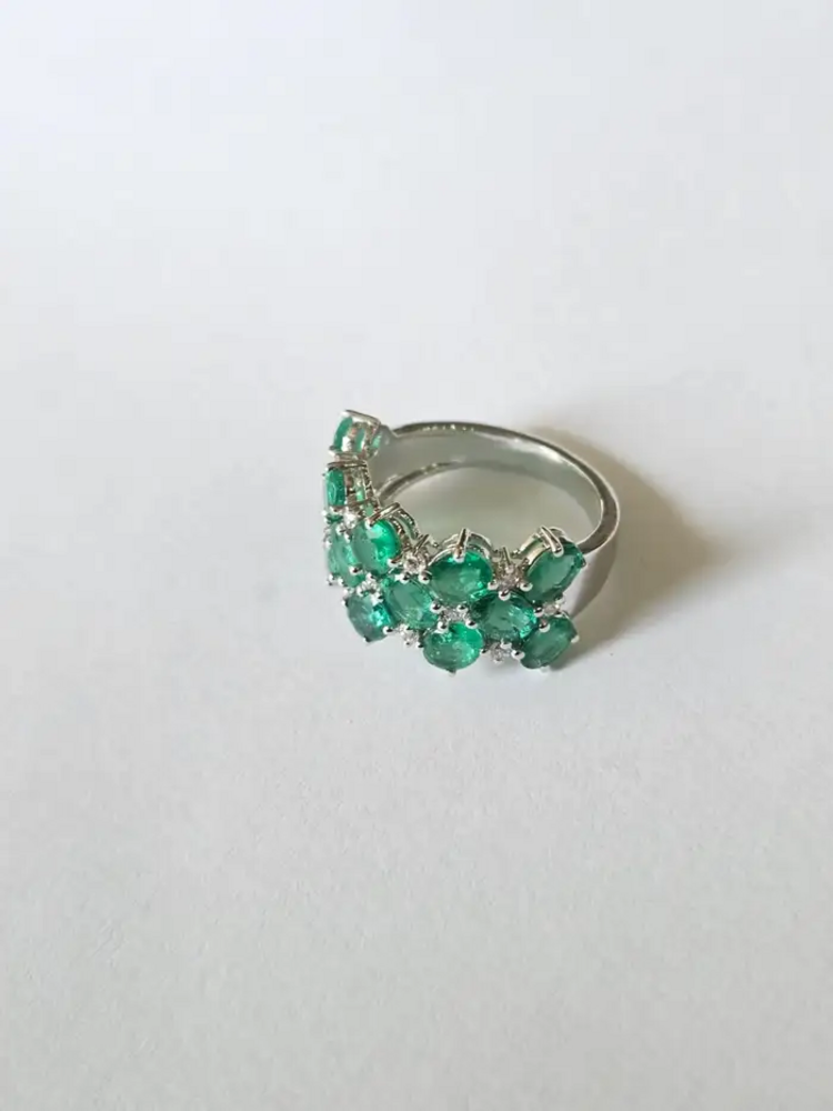 Natural Zambian Emerald & Diamond Band Ring - 18k White Gold Engagement Ring