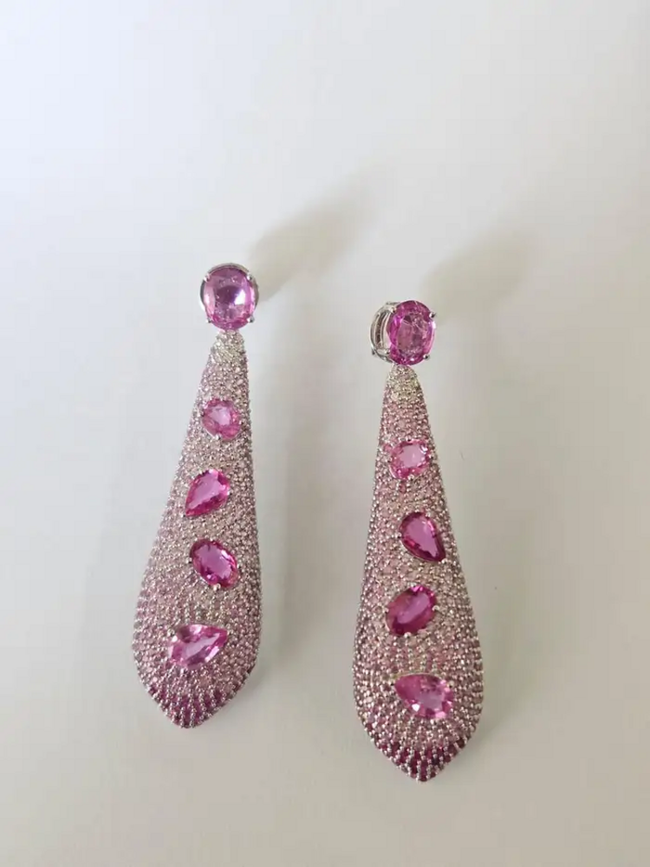 18k White Gold Diamond Dangle Earrings - Natural Pink Sapphire Gemstone Earrings Hover Image