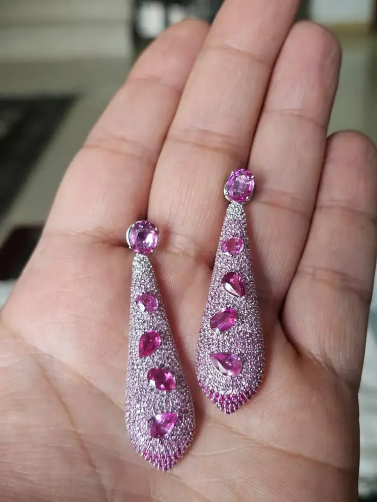 18k White Gold Diamond Dangle Earrings - Natural Pink Sapphire Gemstone Earrings