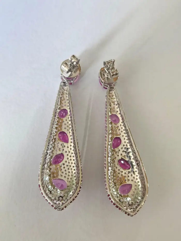 18k White Gold Diamond Dangle Earrings - Natural Pink Sapphire Gemstone Earrings