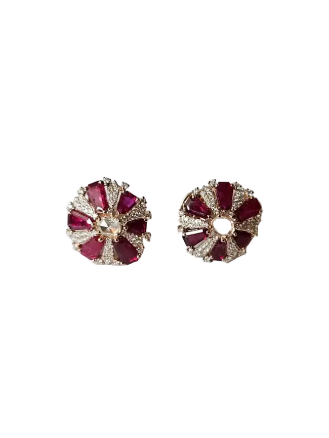 18k Rose Gold Diamond Stud Earrings - Natural Ruby & Rose Cut Diamond Earrings Hover Image