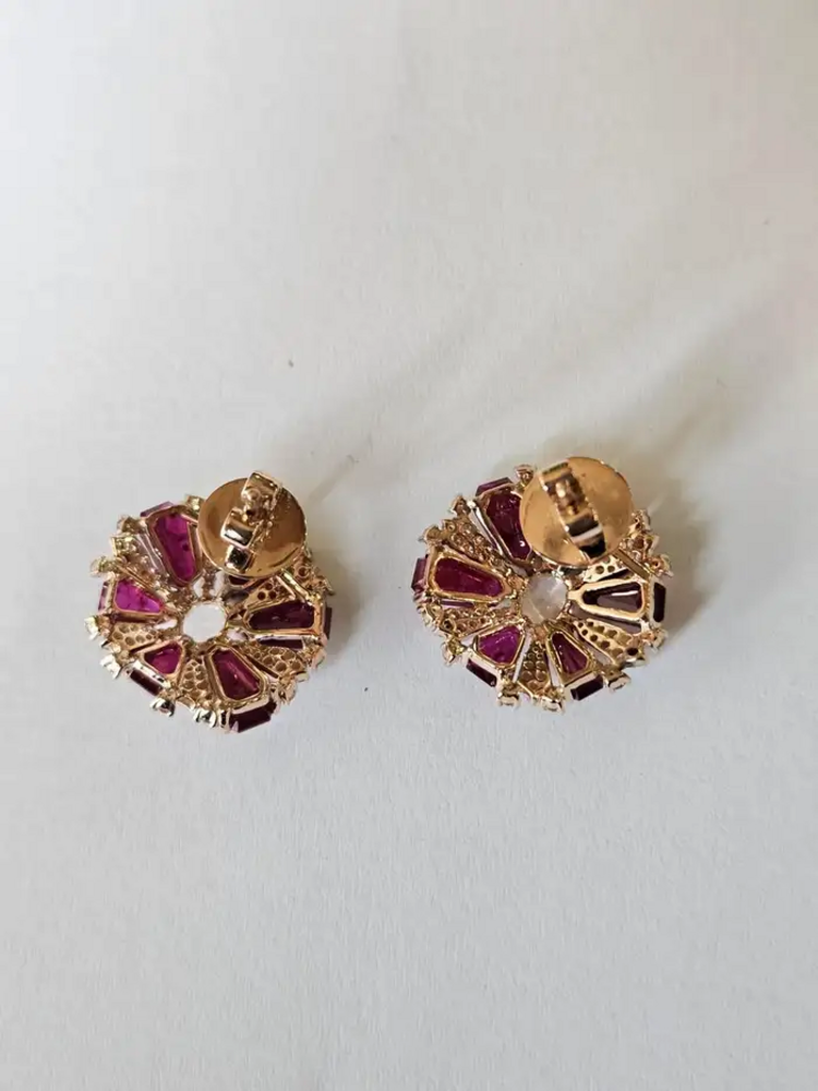 18k Rose Gold Diamond Stud Earrings - Natural Ruby & Rose Cut Diamond Earrings