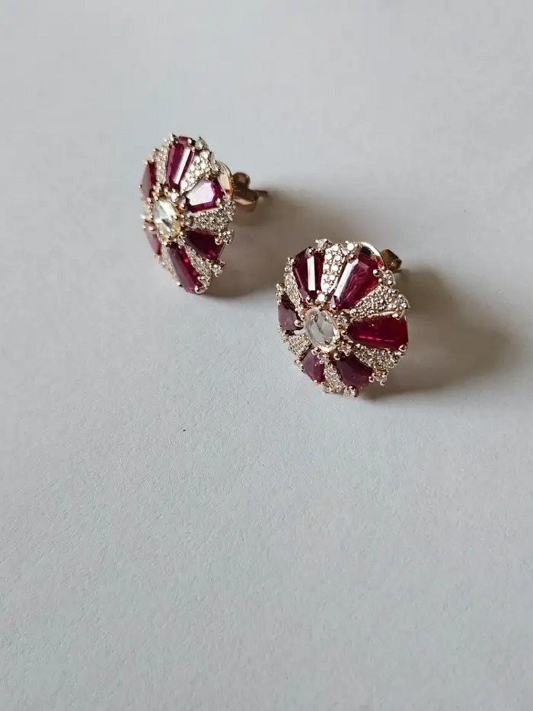 18k Rose Gold Diamond Stud Earrings - Natural Ruby & Rose Cut Diamond Earrings