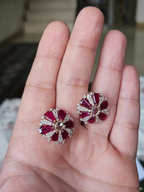 18k Rose Gold Diamond Stud Earrings - Natural Ruby & Rose Cut Diamond Earrings