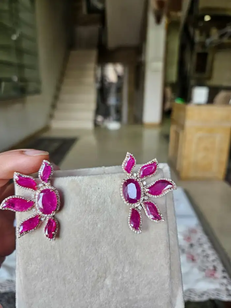 18k Rose Gold Diamond Earrings - Natural Mozambique Ruby Handmade Stud Earrings