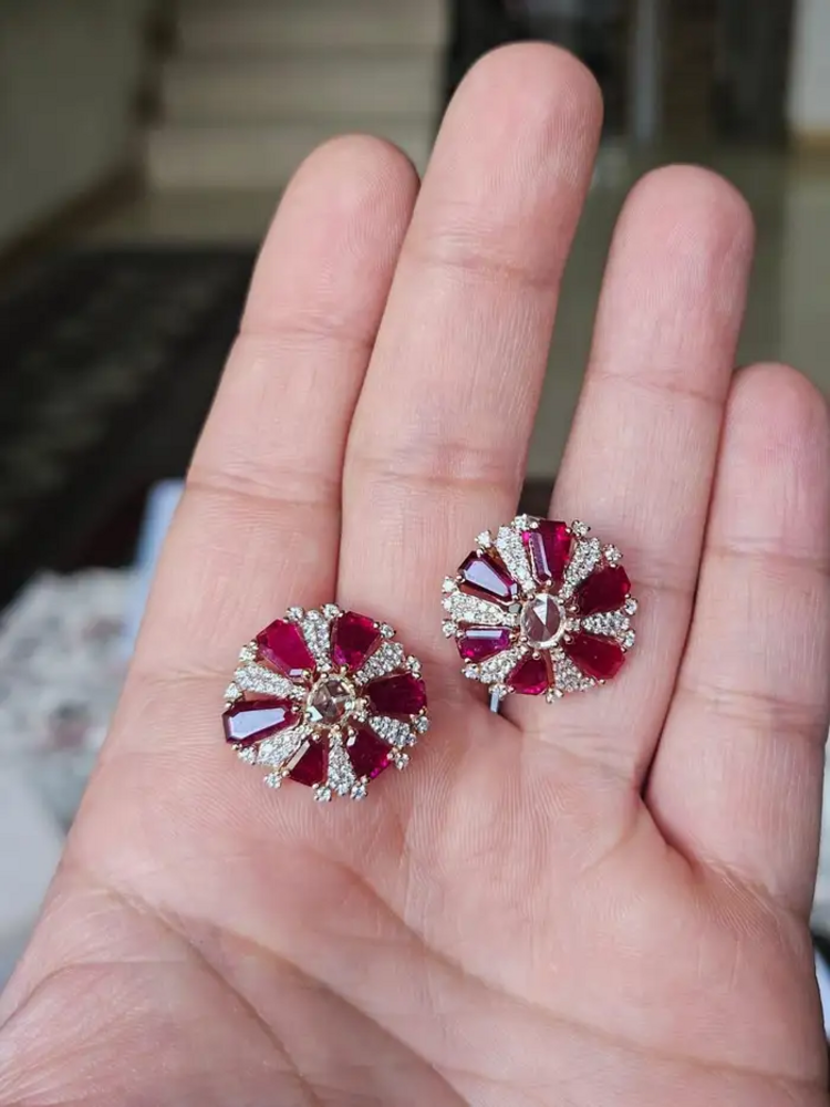 18k Rose Gold Diamond Stud Earrings - Natural Ruby & Rose Cut Diamond Earrings