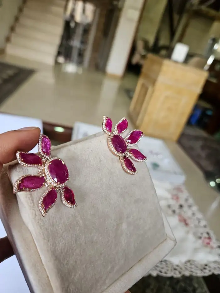18k Rose Gold Diamond Earrings - Natural Mozambique Ruby Handmade Stud Earrings