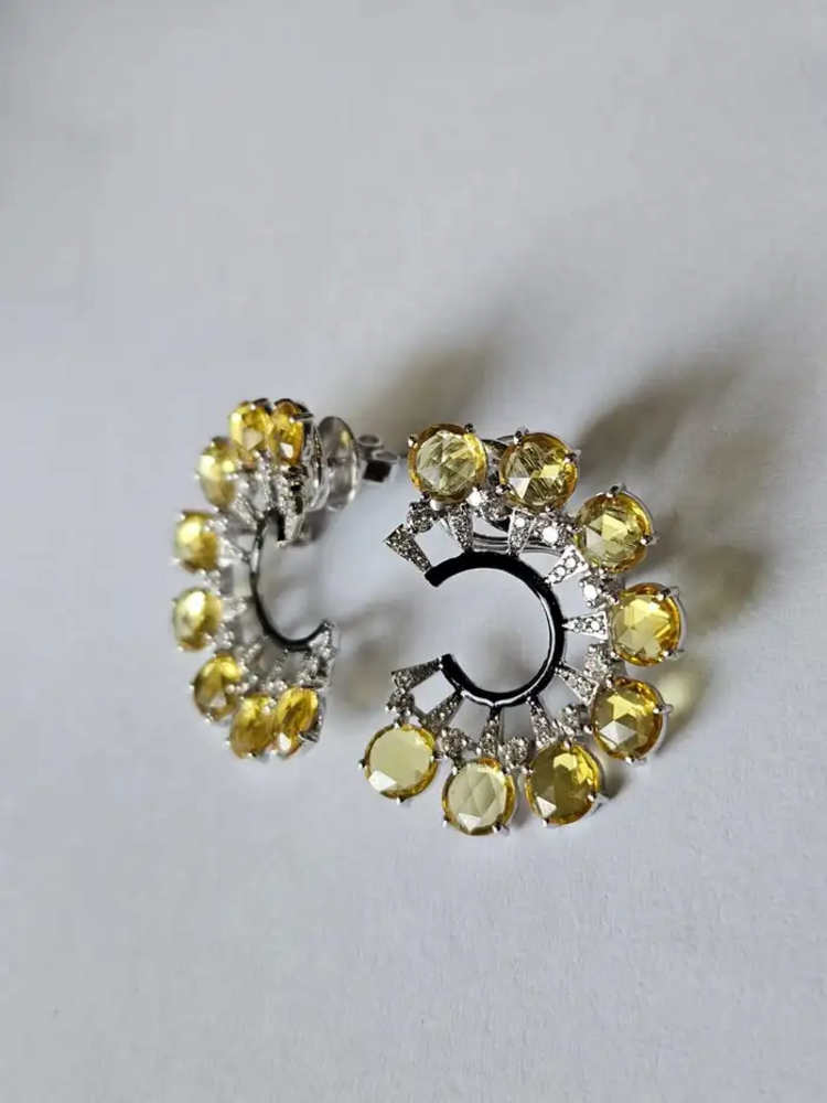 Natural Yellow Sapphire & Black Enamel Earrings - 18k White Gold Diamond Stud Earrings
