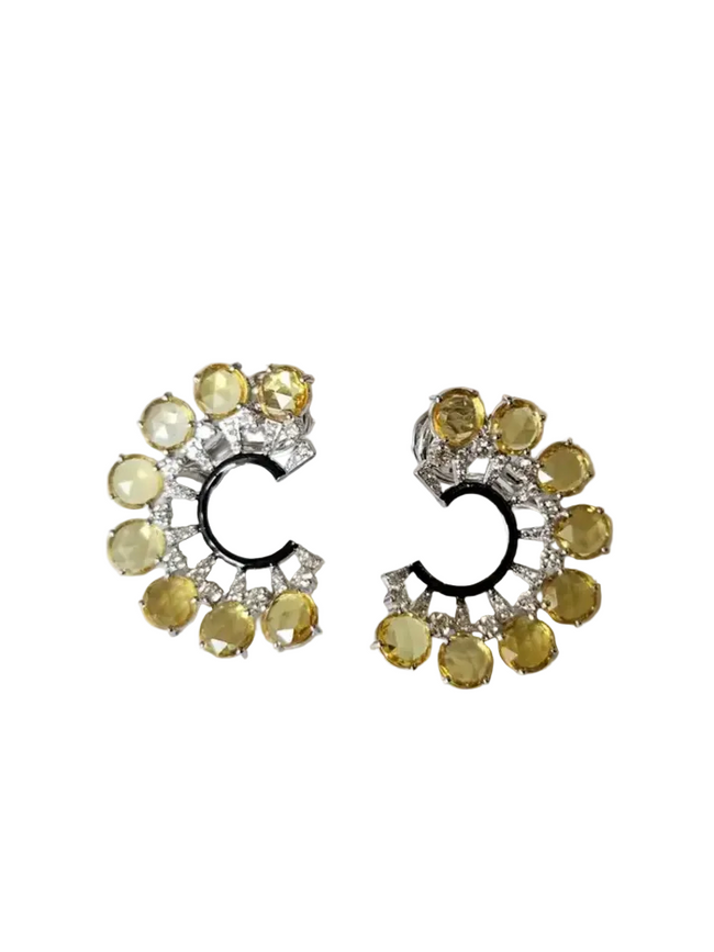 Natural Yellow Sapphire & Black Enamel Earrings - 18k White Gold Diamond Stud Earrings Hover Image
