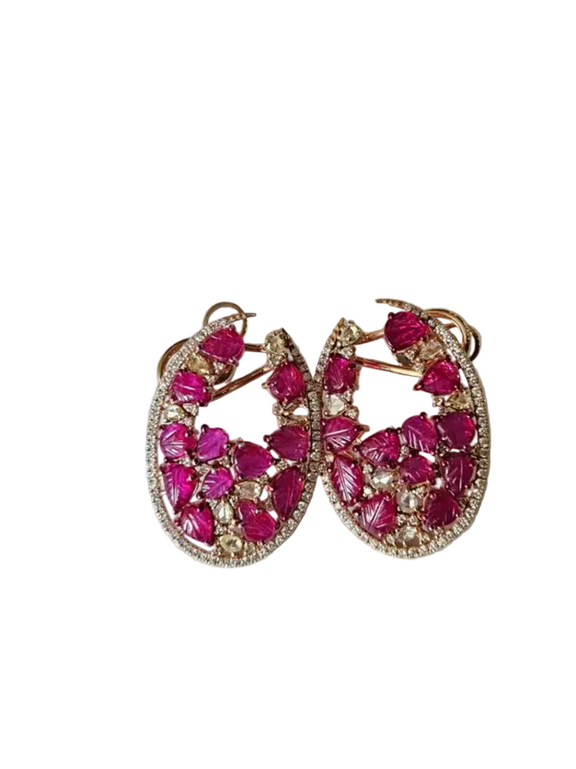 Carved Mozambique Ruby Hoop Earrings - 18k Rose Gold Diamond Earrings Hover Image