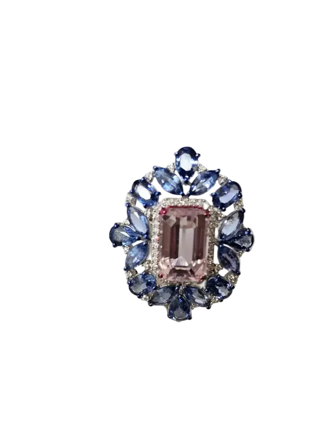 Natural Kunzite & Blue Sapphire Cocktail Ring - 18k White Gold Diamond Ring Hover Image