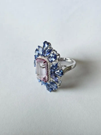 Natural Kunzite & Blue Sapphire Cocktail Ring - 18k White Gold Diamond Ring